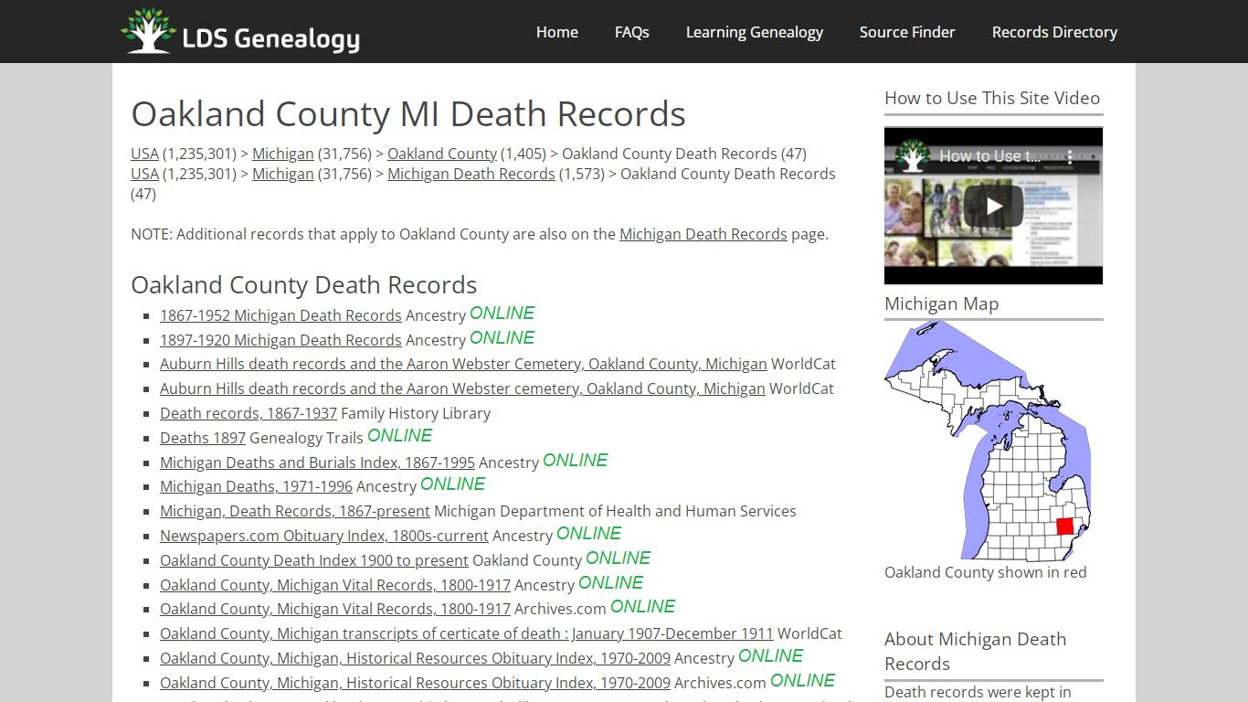 Oakland County MI Death Records - LDS Genealogy