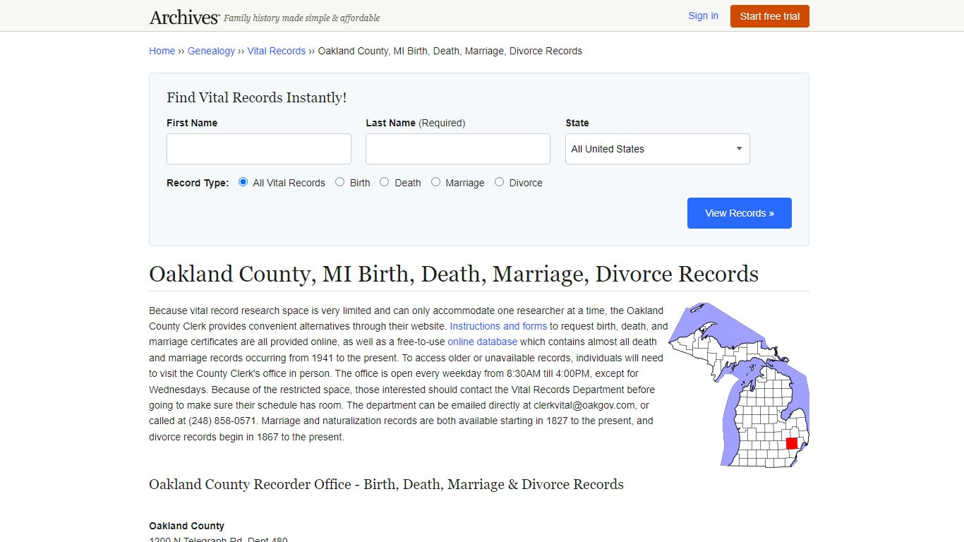 Oakland County, MI Birth, Death, Marriage, Divorce Records